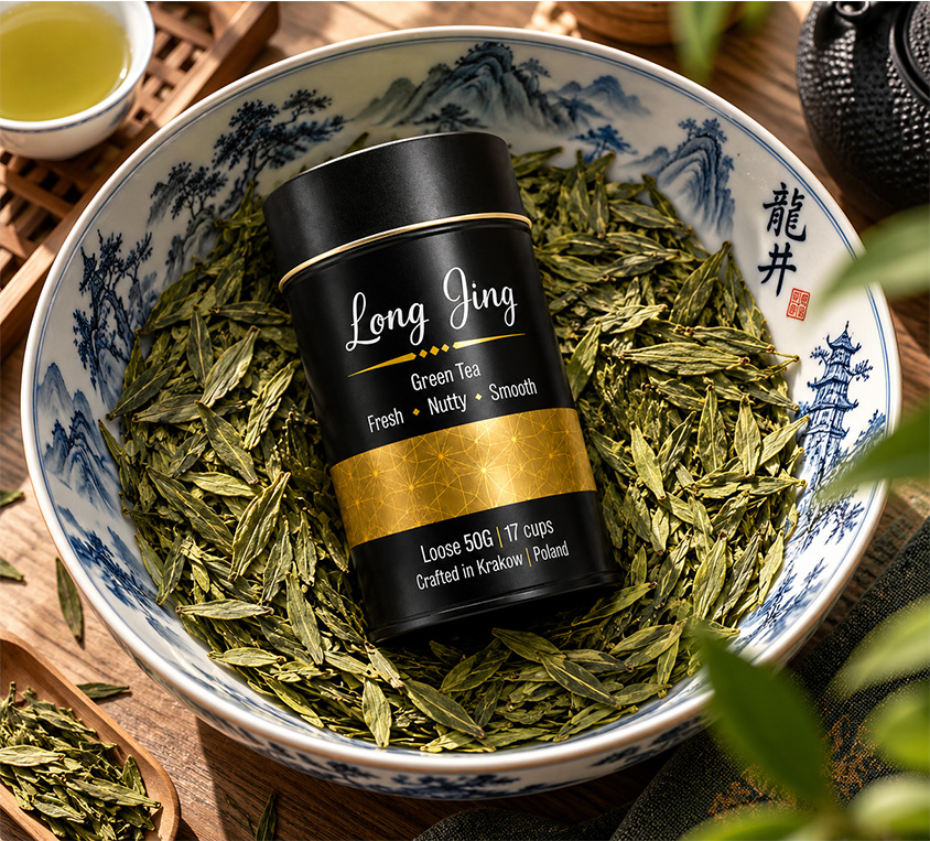 Long Jing Leo Tea – zielona herbata liściasta w metalowej puszce 50g